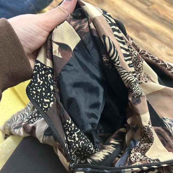 90s Vintage Bomber Jacket Animal Print Patchwork Silk Leopard Cheetah Elephant L - Picture 7 of 9